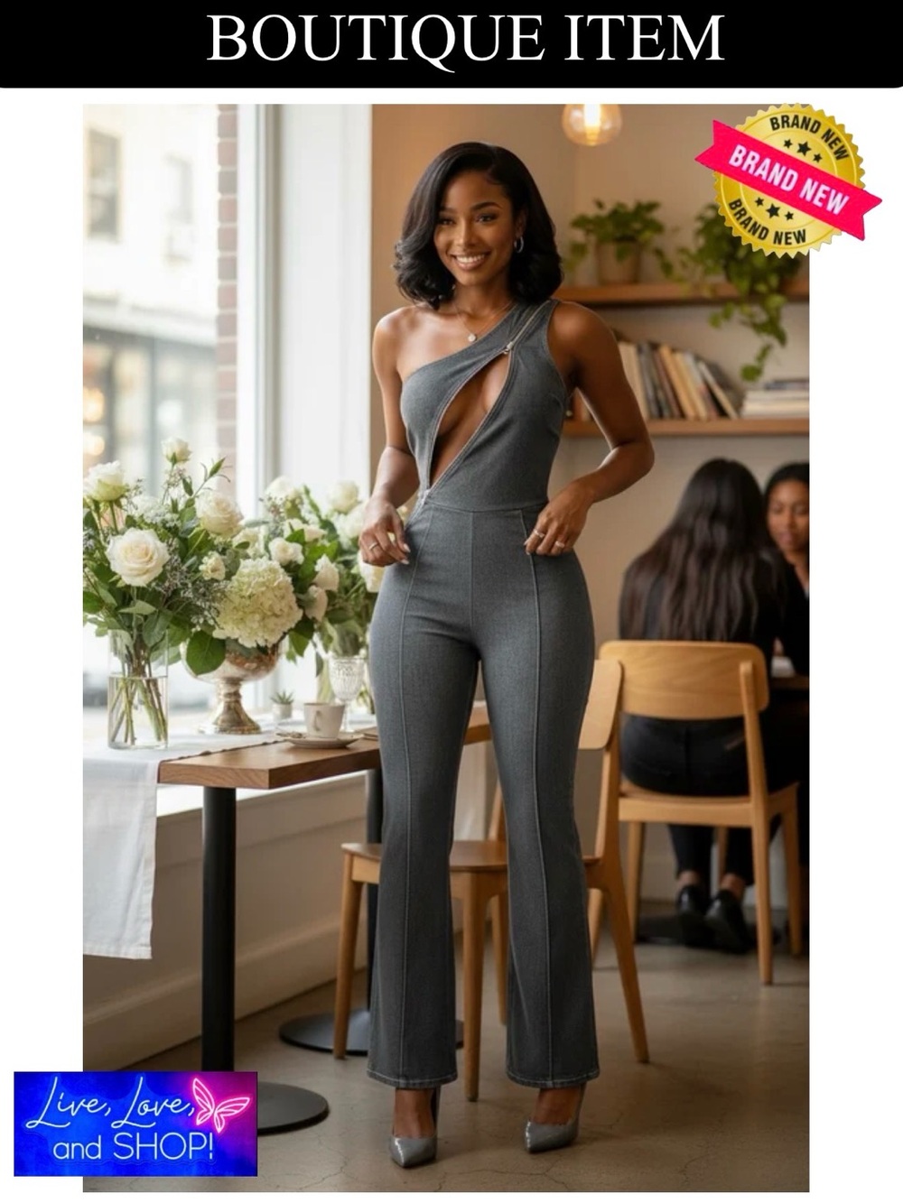 JUMPSUIT: Gray One-Shoulder Cutout w/Silver Zipper, NWOT